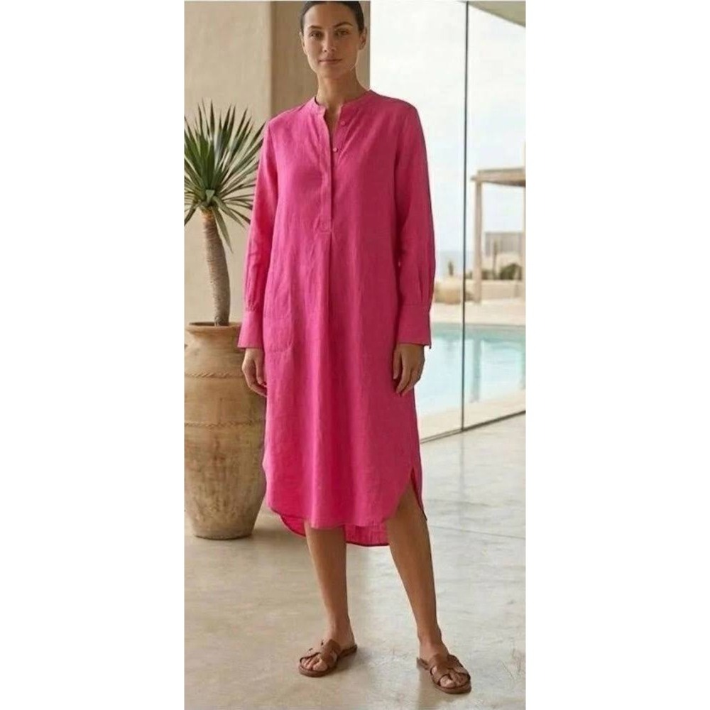 HM Hot Pink Kaftan Tunic Dress Long Sleeve V-Neck High-Low Hem Medium - Picture 1 of 8